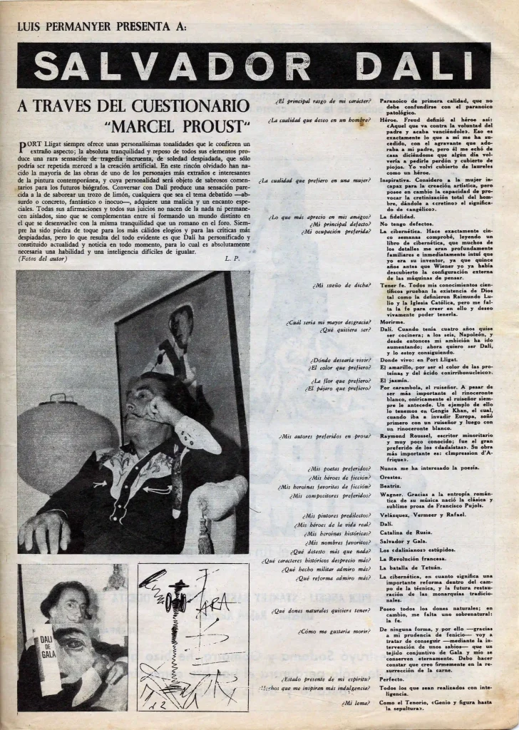 Luís Permanyer, “Luís Permanyer presenta a: Salvador Dalí a través del cuestionario ‘Marcel Proust’”, <em>Destino</em>, Barcelona, 6/04/1963