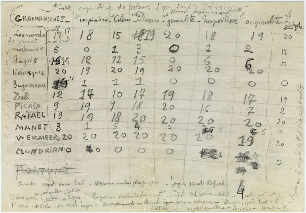 Página del manuscrito para el libro <em>50 secretos mágicos para pintar</em>. Tabla de valoraciones
c. 1947
Fundació Gala-Salvador Dalí, Figueres
©Salvador Dalí, Fundació Gala-Salvador Dalí, Figueres, 2024

